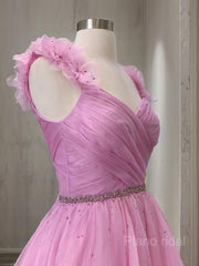 A-Line/Princess V-neck Sweep Train Organza Prom Dresses With Ruffles