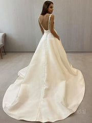 A-Line/Princess V-neck Sweep Train Satin Wedding Dresses