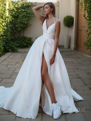 A-Line/Princess V-neck Sweep Train Satin Wedding Dresses With Leg Slit