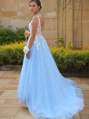 A-line/Princess V Sweek Sweep Train Tulle Prom Vestres com apliques Lace