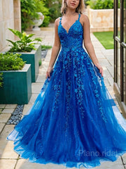 A-line/Princess V Sweek Sweep Train Tulle Prom Vestres com apliques Lace