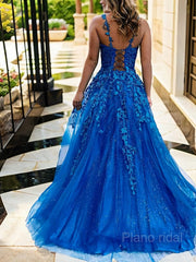 A-Line/Princess V-neck Sweep Train Tulle Prom Dresses With Appliques Lace