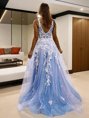 A-Line/Princess V-neck Sweep Train Tulle Prom Dresses With Leg Slit