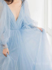 A-Line/Princess V-neck Sweep Train Tulle Prom Dresses With Ruffles