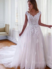 A-Line/Princess V-neck Sweep Train Tulle Wedding Dresses
