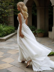 A-Line/Princess V-neck Sweep Train Tulle Wedding Dresses