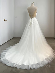 A-LINE/Princesa Vestidos de boda de tul de tulla de barrido en línea con encaje Apliques