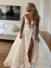A-line/Princess Vine Disk Train Tulle Wedding Dresses con fessura delle gambe