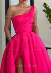 A Line Sleeveless One Shoulder Long Floor Length Satin Prom Dress With Split Ruffles Pockets