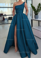 A Line Sleeveless One Shoulder Long Floor Length Satin Prom Dress With Split Ruffles Pockets