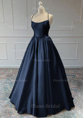 A Line Sleeveless Square Neckline Long Floor Length Satin Prom Dress