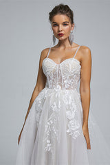 A-Line Spaghetti Straps Tulle Decal Long Wedding Dresses
