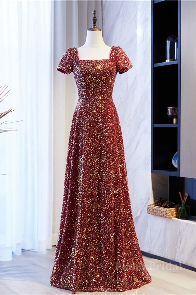 A-line Square Neck Sleeves Sequins Long Formal Dress