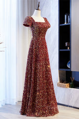 A-line Square Neck Sleeves Sequins Long Formal Dress