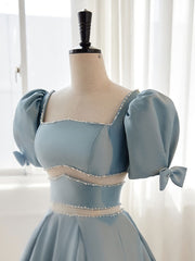 A-Line Square Neckline Blue Short Prom Dress, Cute Blue Homecoming Dress