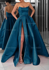 A Line Square Neckline Long Floor Length Satin Prom Dress With Pockets Split