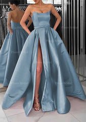 A Line Square Neckline Long Floor Length Satin Prom Dress With Pockets Split