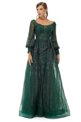 A-Line Square Neckline Sequined Floor-Length Long Sleeve Open Back Appliques Lace Prom Dresses