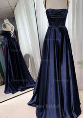 A Line Square Neckline Spaghetti Straps Sweep Train Charmeuse Prom Dress With Pleated