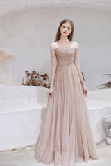 A-Line Strapless Off The Shoulder Lace Up Beading Tulle Long Prom Dresses