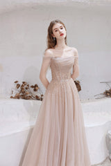 A-Line Strapless Off The Shoulder Lace Up Beading Tulle Long Prom Dresses