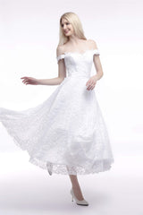 A Line Tea Length Lace Off Shoulder Mid-length Wedding Dresses
