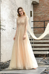 A-Line Tulle Beading Handwork Long Sleeves Prom Dresses