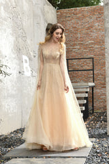 A-Line Tulle Beading Handwork Long Sleeves Prom Dresses