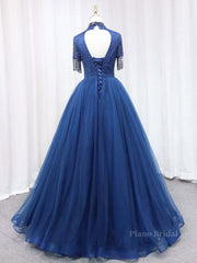A-Line Tulle Blue Long Prom Dress, Blue Formal Evening Dress with Beading