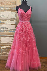 A Line V Neck Beaded Hot Pink Lace Long Prom Dress, Hot Pink Lace Formal Graduation Evening Dress