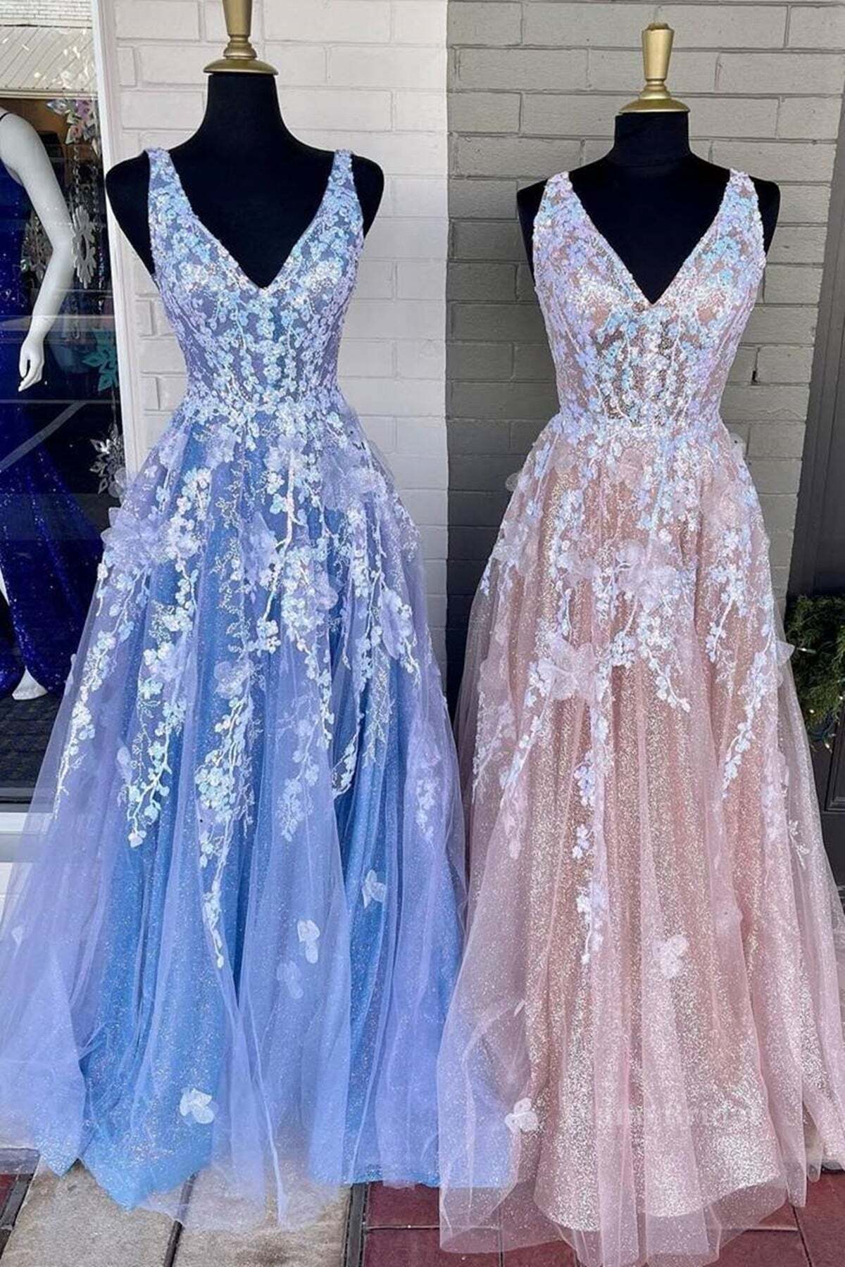 A Line V Neck Blue/Champagne Lace Floral Long Prom Dresses, Blue/Champagne Lace Formal Evening Dresses