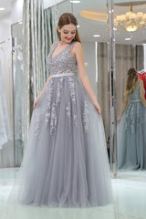 A-Line V-neck Floor-Length Tulle Appliqued Long Prom Dresses