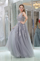 A-Line V-neck Floor-Length Tulle Appliqued Long Prom Dresses