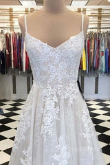 A Line V Neck Lace Appliques White Prom Dress Wedding Dress, White Lace Formal Dress, White Evening Dress