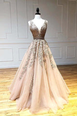 A Line V Neck Lace Champagne Tulle Long Prom Dress, V Neck Lace Champagne Formal Dress, Champagne Lace Evening Dress