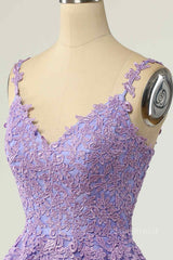 A-line V Neck Lace-Up Applique Mini Homecoming Dress