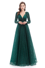 A-Line V Neck Long Sleeves Lace Long Prom Dresses