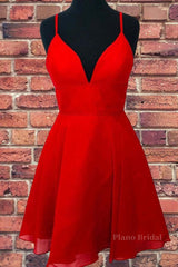 A Line V Neck Open Back Red Short Prom Dress, Backless Red Homecoming Dress