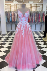A Line V Neck Pink Long Prom Dress with Lace Appliques, V Neck Pink Formal Dress, Pink Evening Dress