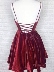A Line V Neck Short Burgundy Prom Dresses, Short Wine Red Formal Homecoming Dresses