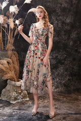 A Line V-Neck Short Sleeve Embroidery Tulle Tea Length Short Homecoming Dresses
