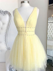 A Line V Neck Short Yellow Prom Dresses, Short V Neck Yellow Formal Homecoming Dresses
