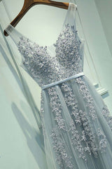 A Line V Neck Silver Gray Lace Prom Dresses, Grey Lace Formal Evening Dresses