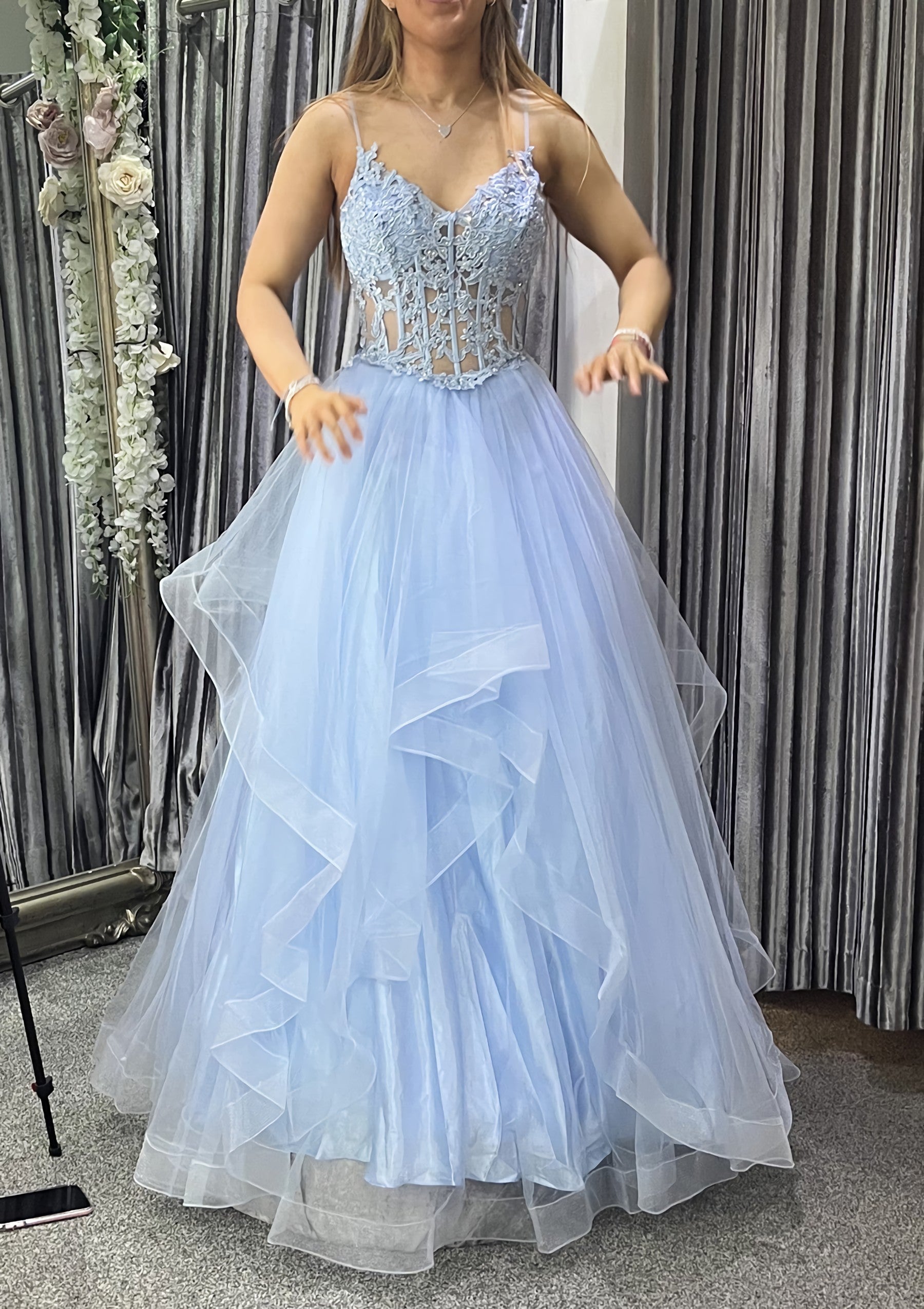 A Line V Neck Sleeveless Long Floor Length Tulle Charmeuse Prom Dress With Appliqued Lace