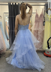 A Line V Neck Sleeveless Long Floor Length Tulle Charmeuse Prom Dress With Appliqued Lace
