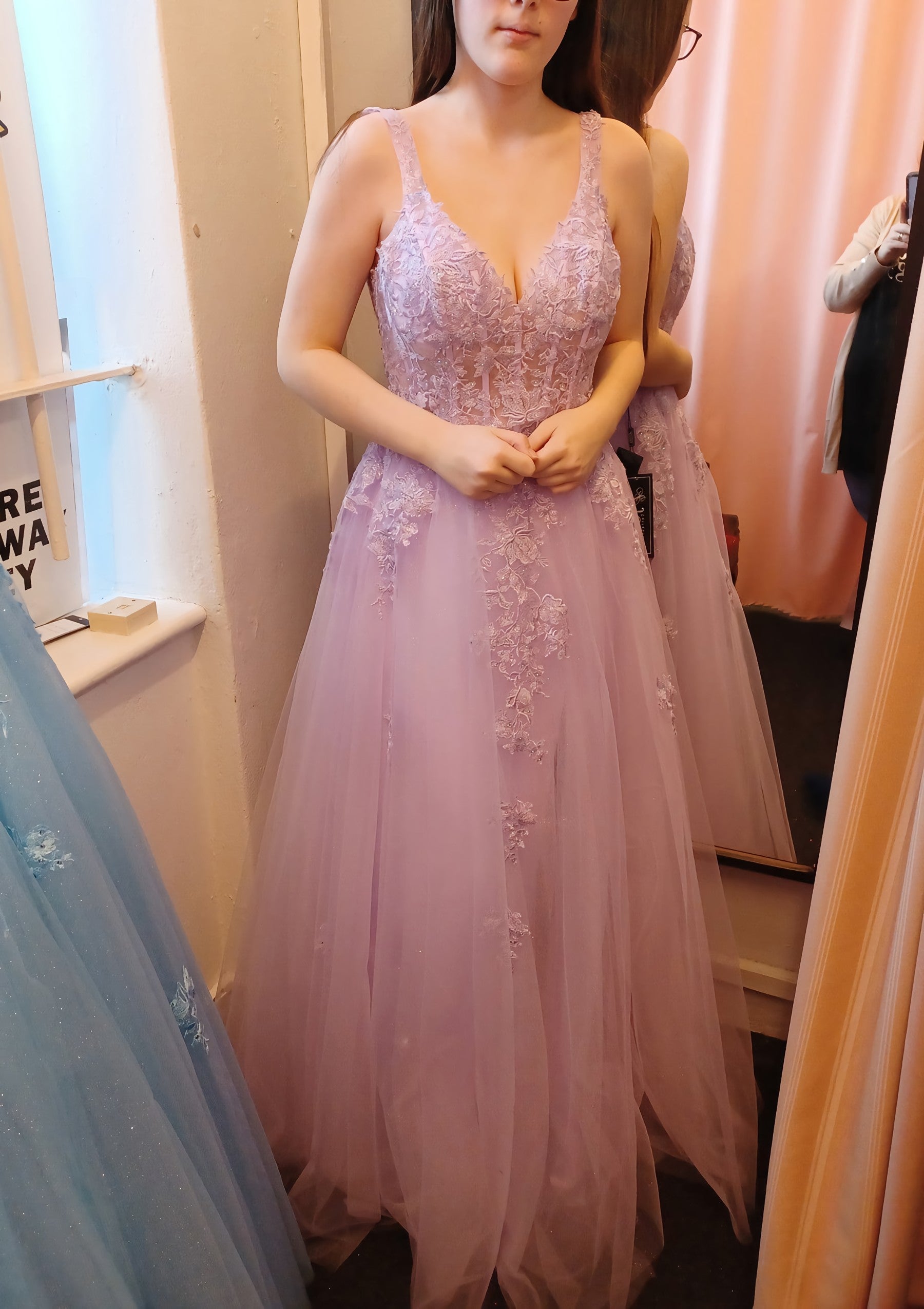 A Line V Neck Sleeveless Long Floor Length Tulle Prom Dress With Appliqued Lace