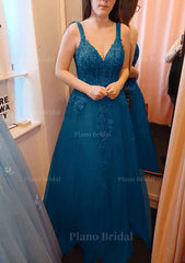 A Line V Neck Sleeveless Long Floor Length Tulle Prom Dress With Appliqued Lace