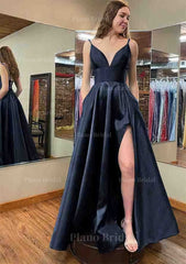 A Line V Neck Sleeveless Satin Long Floor Length Prom Dress With Pockets Split
