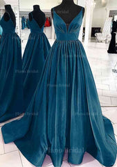 A Line V Neck Sleeveless Satin Sweep Train Prom Dress With Pleated