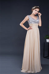 A Line V-Neck Sleeveless Sequins Chiffon Floor Length Prom Dresses